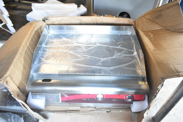 Brand new Avantco 177EG24N 24" electric countertop griddle, 208/240V, 1 phase, in original packaging with minor box damage.
