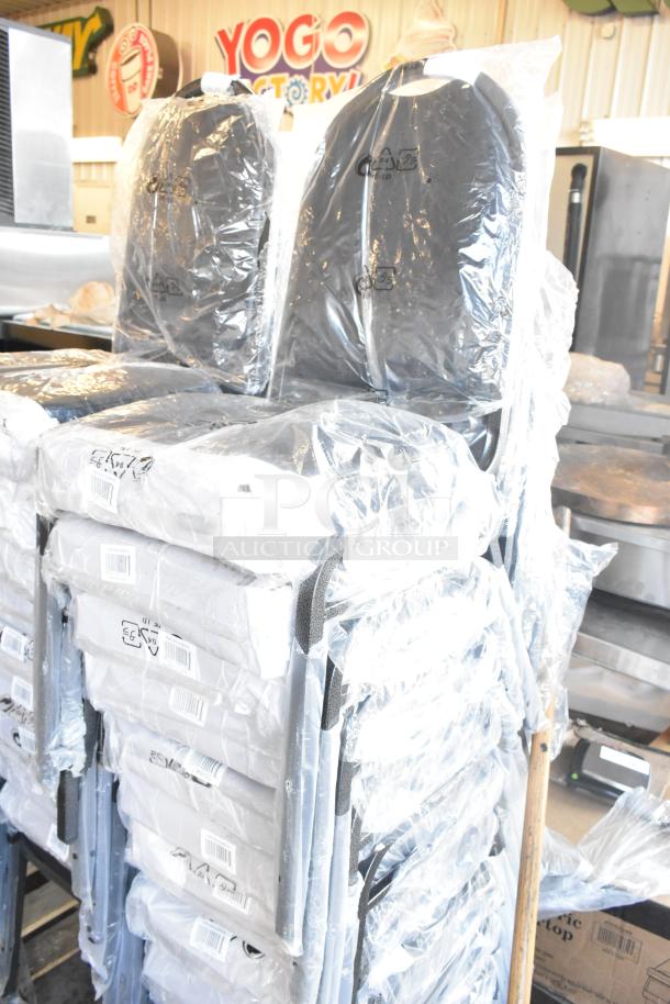 20 new Lancaster Table & Seating black stackable banquet chairs with 2" padded seat and silver vein frame, wrapped in plastic.
