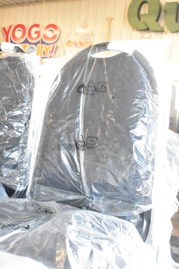 Brand new Lancaster Table & Seating black stackable banquet chair, 2" padded seat, silver vein frame, in protective wrap.