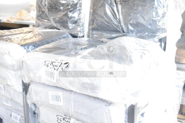 20 new Lancaster Table & Seating black banquet chairs with 2" padded seats, silver vein frames, in packaging with labels.