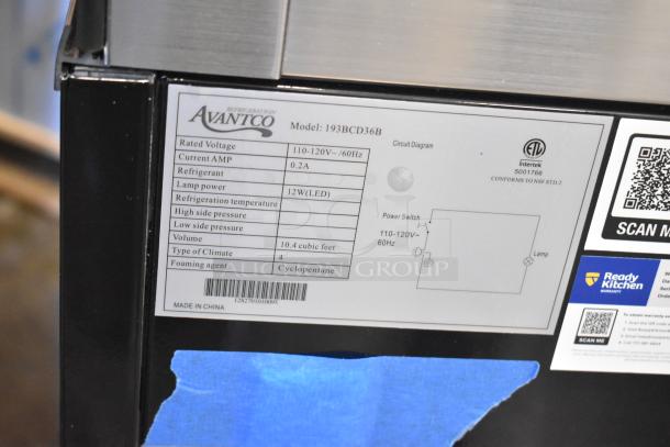 "Avantco 193BCD36B display case label showing model, voltage (110-120V), and lamp power (12W LED)."