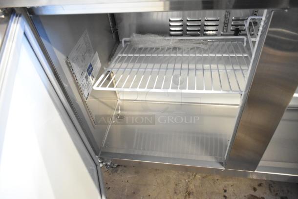 Brand new Mainstreet 829PT48 refrigerated sandwich prep table, 48" wide, scratch and dent, commercial casters, 115V, 1 phase.