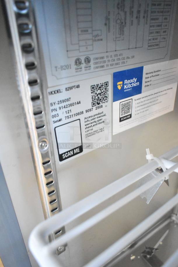 Alt text: Mainstreet 829PT48 refrigerated sandwich prep table, label shows model and Ready Kitchen warranty details. 115V, 1 phase.
