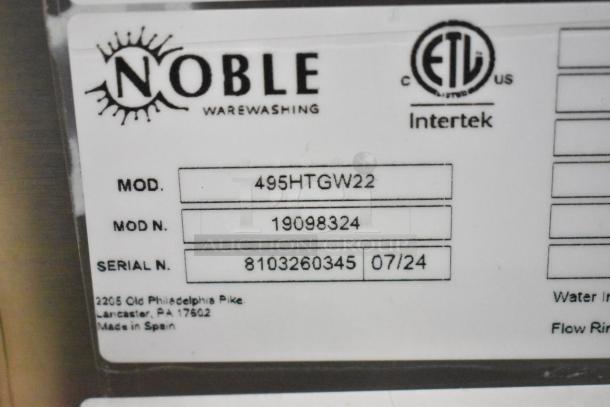 Alt text: Tag showing Noble 495HTGW22 glass washer details, model number 495HTGW22, serial number 8103260345. Made in Spain.