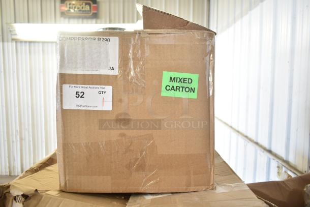 Brand new Cubigel NUT70NR compressor in slightly damaged box. Labels indicate mixed carton and auction details.