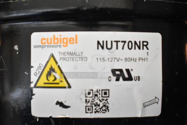 Brand new Cubigel NUT70NR compressor, thermally protected, 115-127V, R290 refrigerant, scratch and dent condition.