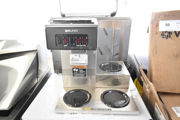 BRAND NEW SCRATCH AND DENT 2025 Bunn VP17-3 coffee brewer, 120V, 3 warmers, low profile, visible warning labels.