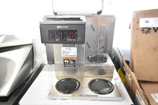 BRAND NEW SCRATCH AND DENT 2025 Bunn VP17-3 coffee brewer, 120V, 3 warmers, low profile, visible warning labels.