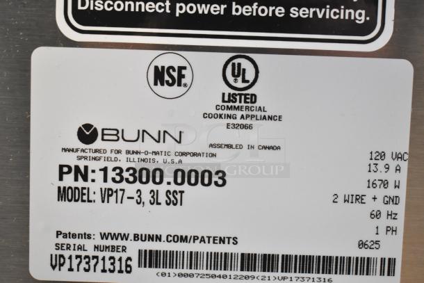 Label on a Bunn VP17-3 coffee brewer with specifications: 120 VAC, 13.9 A, 1670 W, 3 warmers, model 13300.0003.