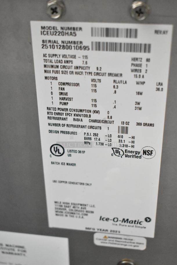2025 Ice-O-Matic ICEU220HA5 ice machine label showing model, serial number, voltage details, and energy certifications.
