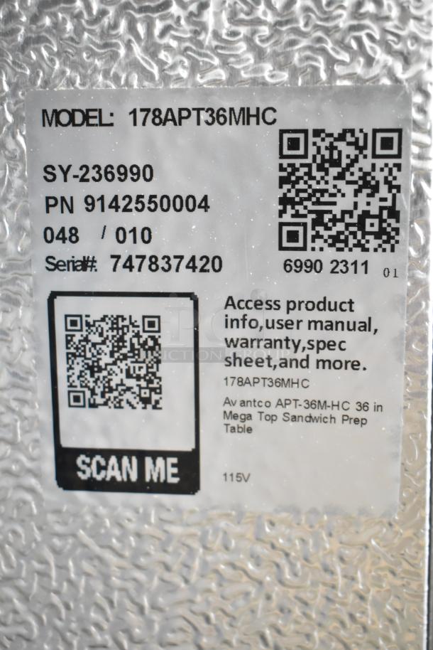 Label on Avantco 178APT36MHC Commercial Refrigerated Sandwich Prep Table showing model, serial number, and QR code for product info.