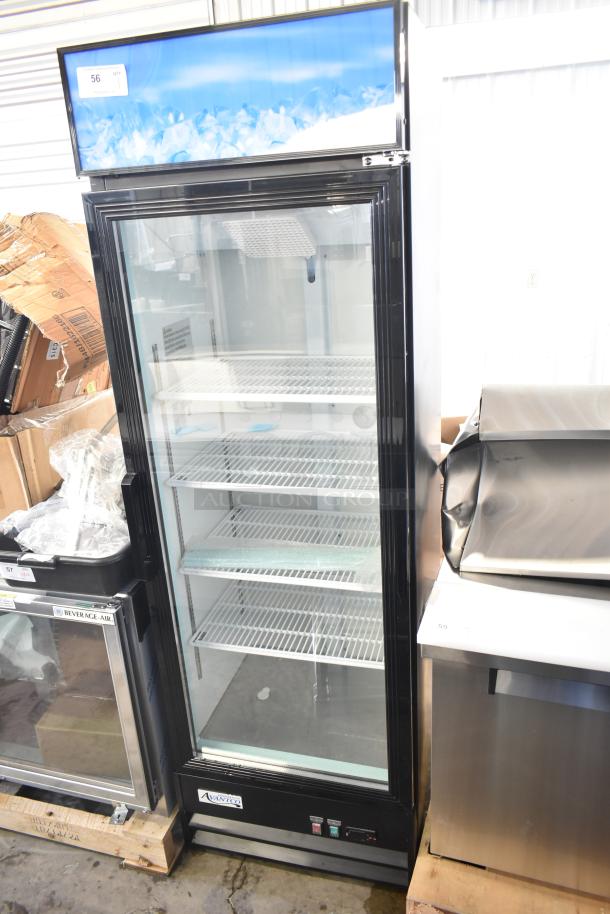 Brand new 2024 Avantco 178GDC15HCB refrigerator, black, swing glass door, LED lighting, 115V, minor scratches visible on the side.