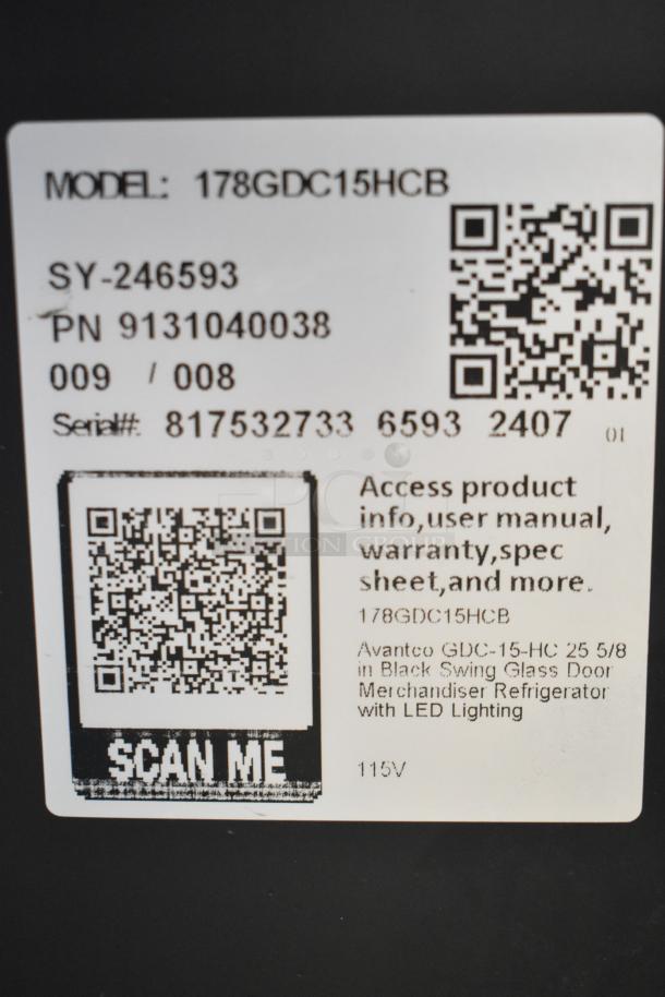 Label of Avantco 178GDC15HCB glass door merchandiser, showing model, serial number, QR code, and voltage details.
