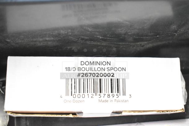 Box of Dominion 18/0 stainless steel bouillon spoons, item #267020002, one dozen, made in Pakistan, new condition.
