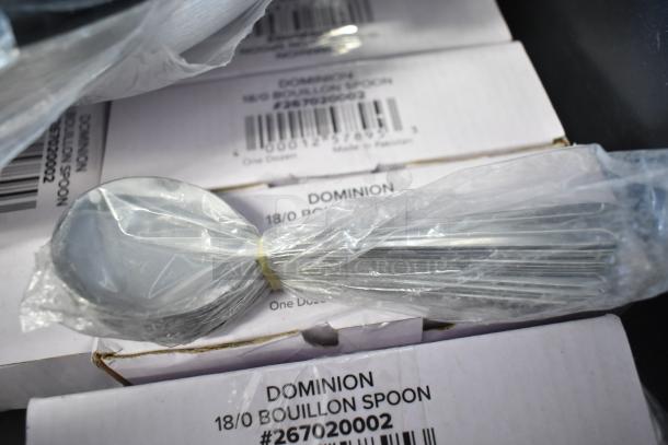 20 Dominion stainless steel bouillon spoons wrapped in plastic. Boxes labeled "18/0 Bouillon Spoon #267020002." Brand new.
