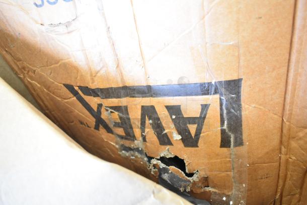 Damaged box showing Lavex branding for a new Lavex 944BJ162216G 16-gallon stainless steel commercial wet/dry vacuum.