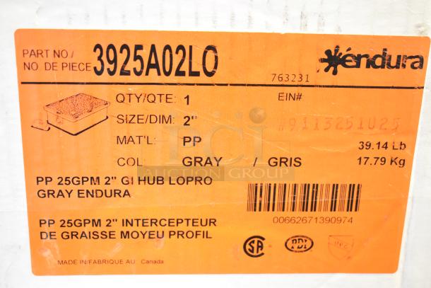 Brand new Endura 3925A02LO 25 GPM grease trap label. Features 2" hub, gray PP material, 50 lb capacity, Canada-made.
