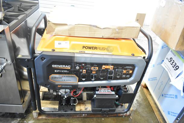 BRAND NEW Generac GP18000EFI Portable Generator, 18,000/22,500W, Electric Start, Model 7498917, with visible control panel.
