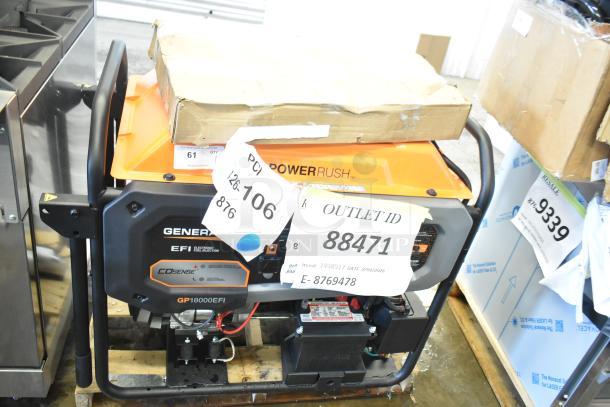 Brand new Generac GP18000EFI gasoline generator model 7498917, 18,000/22,500W, 240V, with electric start, scratch and dent condition. Tags visible indicate outlet ID and model number.