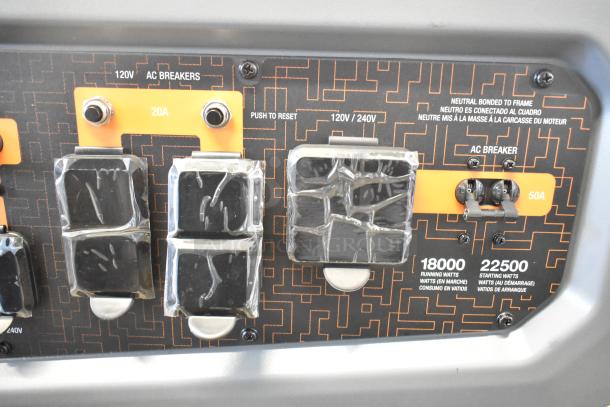 Brand new Generac GP18000EFI generator panel, model 7498917, showing 18,000W/22,500W output and 120V/240V indicators.