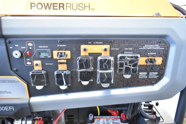 Generac GP18000EFI portable generator control panel, 18,000/22,500W, 240V, new condition, showing multiple AC outlets and breakers.