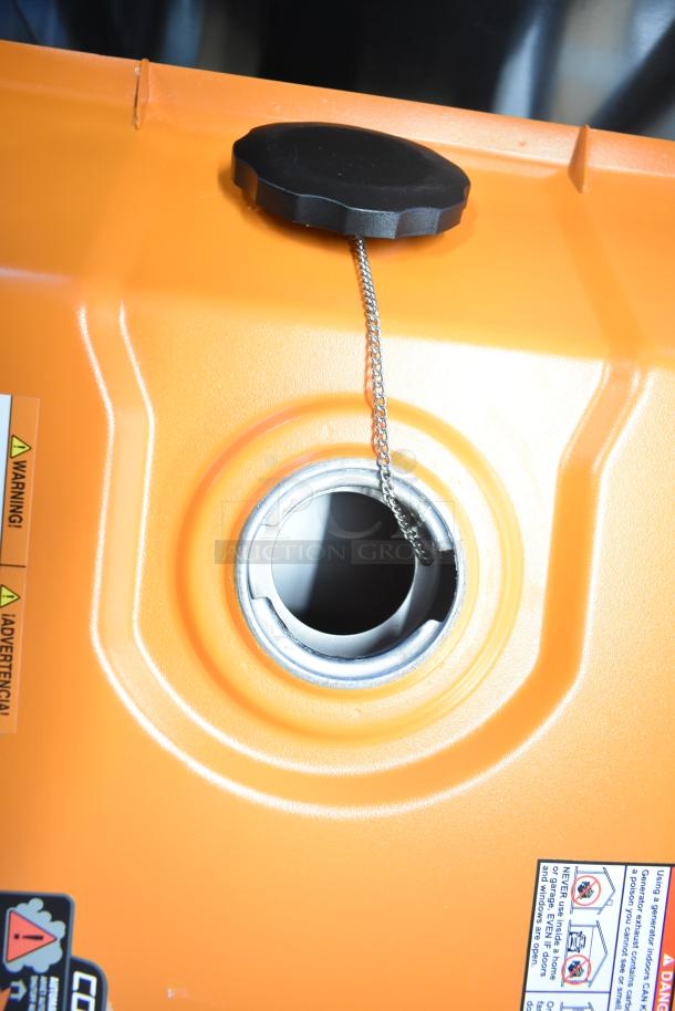 Generac GP18000EFI generator close-up showing fuel cap and warning labels on orange casing. Brand new condition.