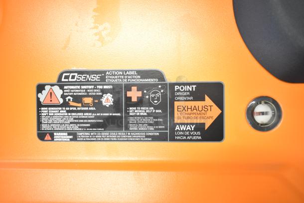 Generac GP Series GP18000EFI generator label showing CO Sense instructions and exhaust orientation guidance.