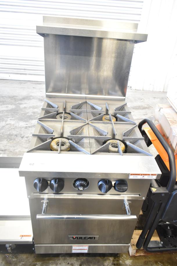 Brand new Vulcan 24S-4BN commercial 4-burner range, standard oven base, natural gas, 143,000 BTU, scratch and dent.