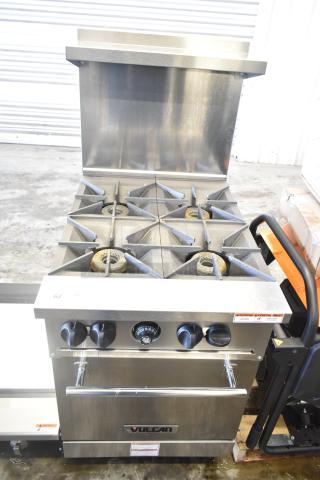 Brand new Vulcan 24S-4BN commercial 4-burner range, standard oven base, natural gas, 143,000 BTU, scratch and dent.