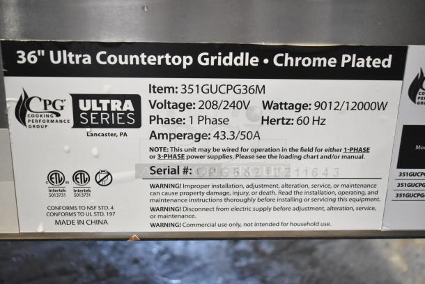 Brand new scratch and dent Cooking Performance Group Ultra Series 36" chrome electric griddle, model 351GUCPG36M, 208/240V, 1 phase.