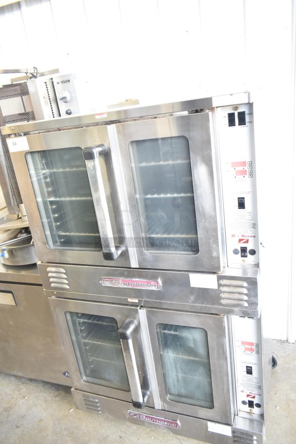 Southbend G Series commercial gas convection ovens, view-through doors, thermostatic controls, on casters, vertical stack.