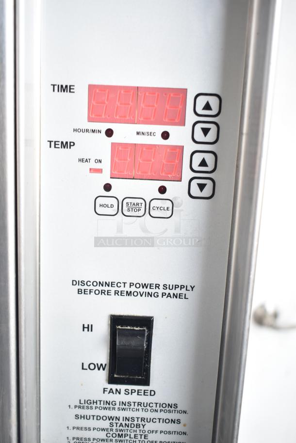 Southbend convection oven control panel with digital time and temperature display, fan speed switch, and operational instructions.