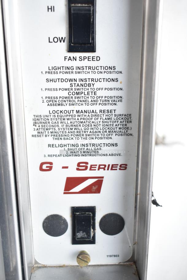 Southbend G Series commercial convection oven panel with fan speed toggle and lighting instructions; model markings visible.