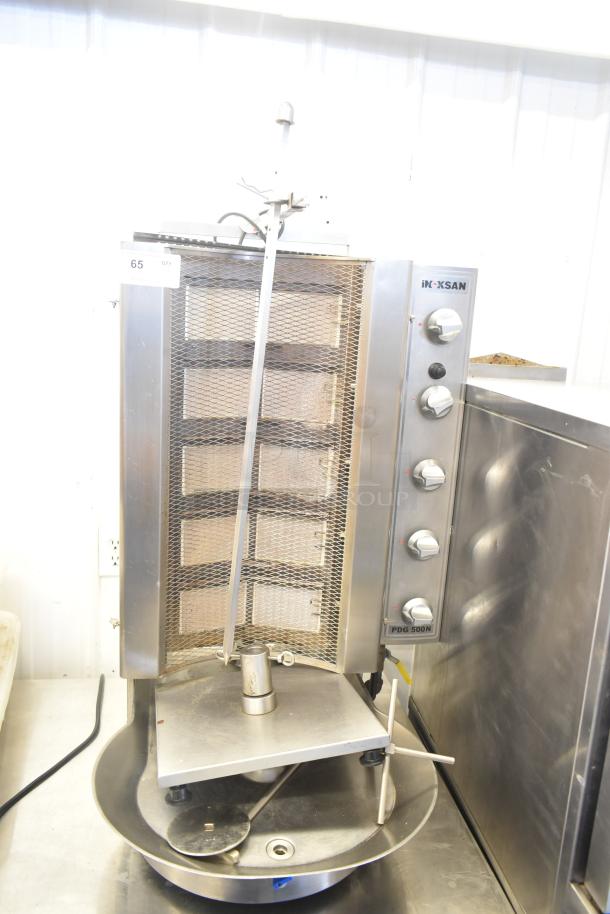 Inoksan Commercial Vertical Gyro Machine, countertop model, 115V, 1 Phase, stainless steel, with control knobs and meat skewer.