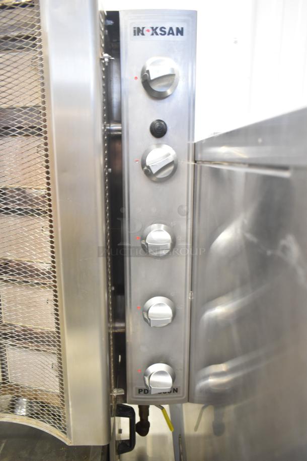 Inoksan commercial countertop vertical gyro machine, 115V, 1 phase, stainless knobs, mesh rack visible, Inoksan branding.