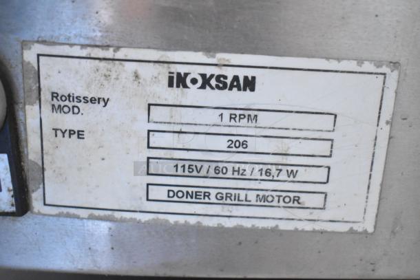 Inoksan countertop gyro machine with model label details. Features 115V, 1 phase, 1 RPM. Used condition.