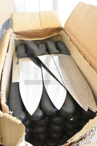 Box of 60 sharpened stainless steel knives with black handles, including chef knives. New condition.
