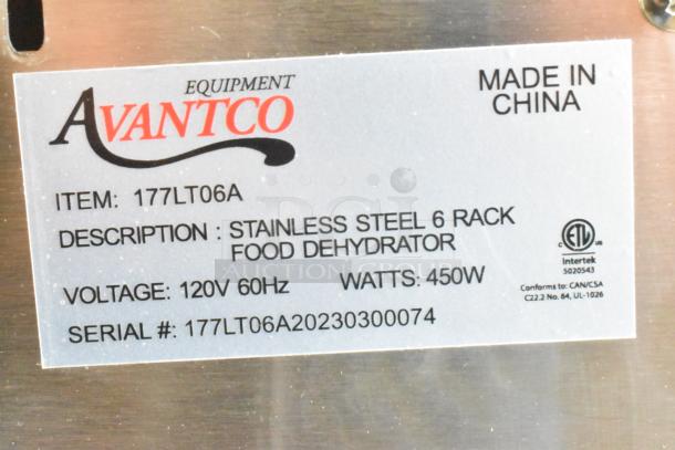 Avantco 177LT06A stainless steel 6-tray food dehydrator label. 120V, 450W. Made in China. Serial #177LT06A20230300074.