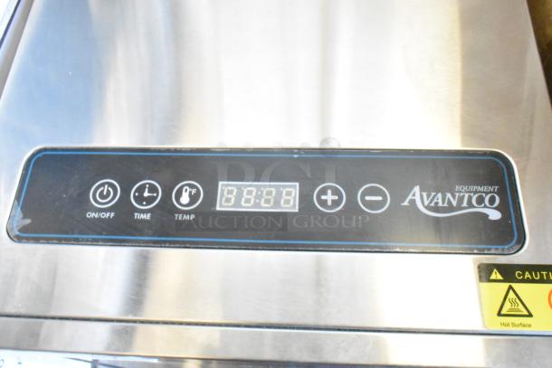 Avantco 177LT06A food dehydrator control panel with on/off, time, temp settings. Brand label visible.