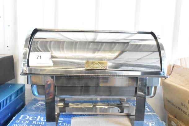Brand new Choice Deluxe 407COH4 8 Qt. full-size gold accent roll-top chafer. Scratch and dent condition. Auction tag visible.