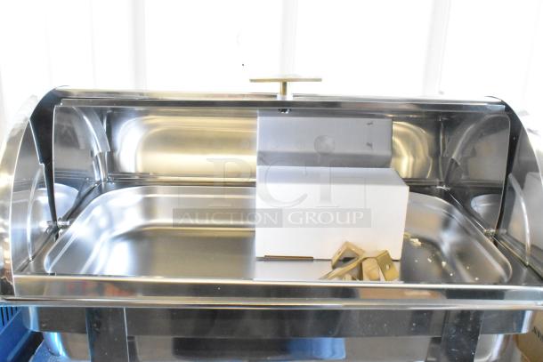 2 new Choice Deluxe 407COH4, 8 Qt. full-size chafers, gold accents, roll-top. Scratch and dent visible, bid for 2 items.