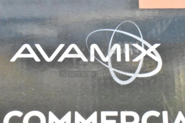 "Brand new AvaMix heavy-duty immersion blender logo on packaging, emphasizing commercial quality."