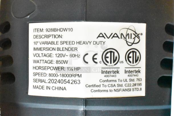 Brand new AvaMix 928IBHDW10 heavy-duty 10" whisk immersion blender, 1 1/4 hp, 850W, 120V, tested and working.
