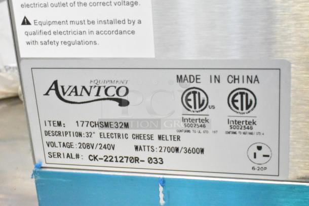 Avantco 177CHSME32M stainless steel cheese melter, 32", 208/240V, 2700/3600W, ETL certified, serial CK-221270R-033.