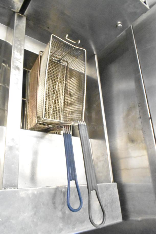 Pitco Frialator 4-bay deep fat fryer, stainless steel, natural gas, on commercial casters, 122,000 BTU.