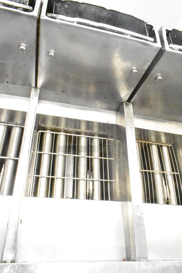 Pitco Frialator stainless steel 4-bay deep fat fryer, natural gas, 122,000 BTU, on commercial casters.