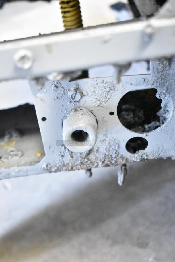 Pitco Frialator 4 Bay Deep Fat Fryer, stainless steel, natural gas, 122,000 BTU, on casters, showing pipe connection detail.