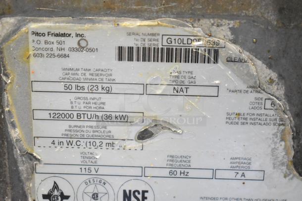 Pitco Frialator stainless steel natural gas fryer label showing model info, 122,000 BTU, 50 lbs tank capacity, NSF certified.