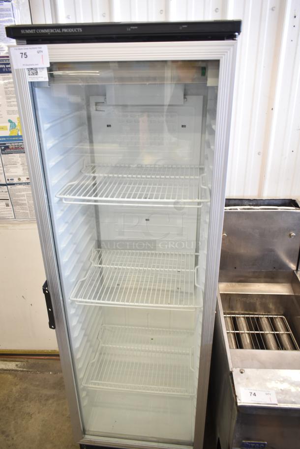 Summit SCR 1300 cooler merchandiser, single door, reach-in style, 115 volts, with three adjustable wire shelves.