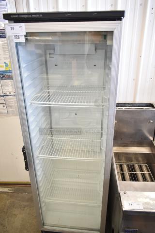 Summit SCR 1300 cooler merchandiser, single door, reach-in style, 115 volts, with three adjustable wire shelves.